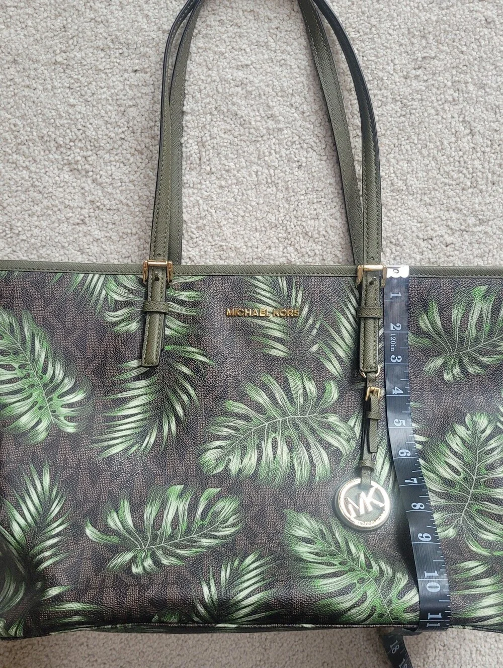 Michael Kors Jet Set Travel Large Carryall Tote Brown MK Signature Olive Palm
